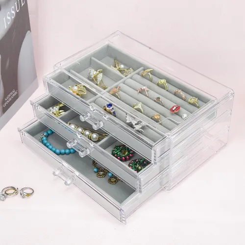 Vista 6 de Joyero acrílico con 3 cajones, organizador de joyas de terciopelo, aretes, anillos, collares, pulseras, vitrina, regalo para mujeres y niñas