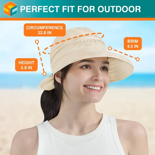 Vista 6 de SUN CUBE Sombrero de sol para mujer para protección UV al aire libre, sombrero de sol de ala ancha, cola de caballo, sombrero de playa convertible