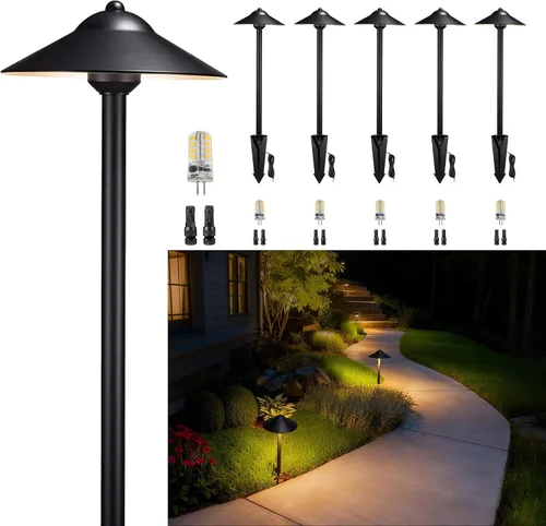 Vista 10 de Gardenreet Luces de camino de paisaje de latón, luces de camino de bajo voltaje de 12 V con cable, luces de jardín al aire libre LED impermeables