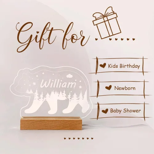 Vista 4 de Luz nocturna personalizada para bebés y niños, lámpara LED de oso con nombre personalizado para niñas y niños, luces nocturnas con nombre