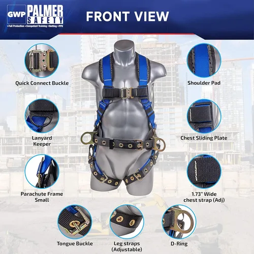 Vista 2 de Palmer Safety Kit de protección contra caídas, arnés de seguridad de 5 puntos, cordón de doble pierna de 6 pies, extensor de anillo en D de 18 Azul