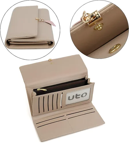 Vista 4 de UTO - Cartera pequeña RFID de piel sintética con dije de hoja, cierre de cremallera y tarjetero.
