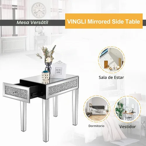 Vista 7 de VINGLI Mesa auxiliar estrecha con espejo, pequeña mesa auxiliar para sofá/sofá/cama con almacenamiento, mesita de noche de cristal delgada