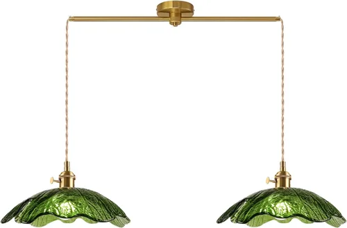 Vista 18 de Lámpara colgante colgante de 1 luz, lámparas colgantes de latón dorado, pantalla de vidrio de flores verdes, iluminación colgante moderna