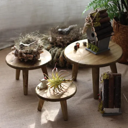 Vista 8 de Mini taburete redondo de madera, mesa de soporte para plantas de interior, taburete de madera decorativo, soporte de exhibición moderno