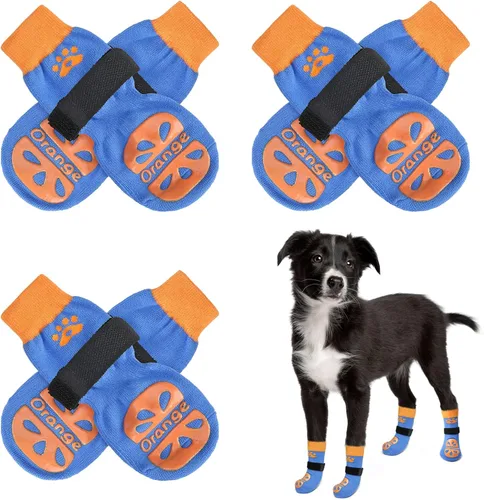 Vista 29 de BEAUTYZOO Calcetines antideslizantes para perros, zapatos de perro para pavimento frío/caliente, protectores de patas con empuñaduras, 3 pares
