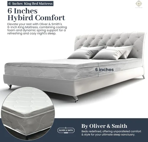 Vista 3 de Oliver & Smith - Colchón híbrido de espuma fresca y cómoda de 6 pulgadas con funda de algodón orgánico transpirable, parte superior acolchada suave