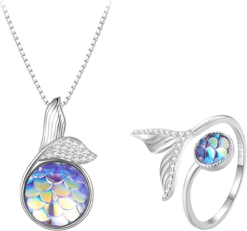 Vista 5 de 925 Sterling Silver Colorful Mermaid Fishtail Pendant Necklace And Opening Ring Jewelry Set for Women Birthday Jewelry, Blue Zirconia Mermaid Fish
