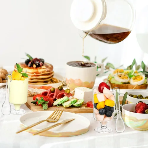 Vista 6 de Eupako Mini tazas de postre con cucharas de 4 onzas líquidas – Vasos de plástico transparente para parfait, taza pequeña redonda para aperitivos