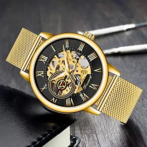 Vista 3 de Dentily Reloj de esqueleto para hombre clásico con número romano Steampunk Reloj mecánico Relojes de viento para hombre (azul)