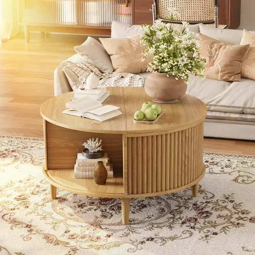 Vista 6 de Mesa auxiliar con tapa elevable y almacenamiento, mesa central redonda acanalada con puerta de armario deslizante, mesa pequeña circular para sala