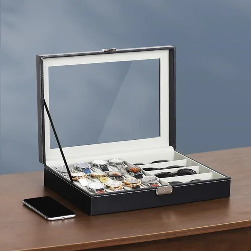 Vista 21 de AUTOARK AW-004 - Caja de cuero para 6 relojes y 3 lentes y gafas de sol con organizador de joyas, cajas de almacenamiento para hombre y mujer, tapa