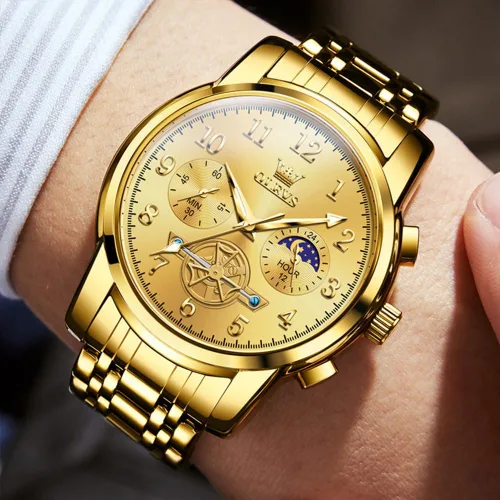 Vista 3 de OUPINKE Reloj para hombre analógico de cuarzo de acero inoxidable, impermeable, luminoso, fase lunar, cronógrafo, vestido de negocios de lujo