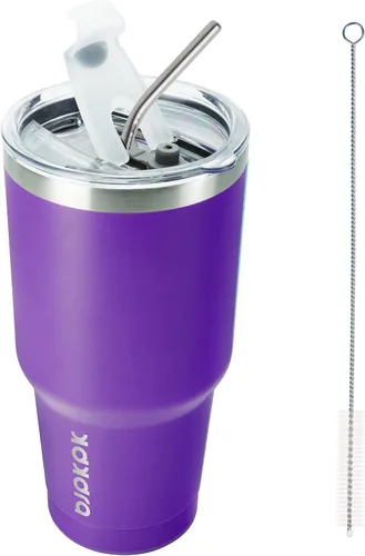 Vista 33 de BJPKPK Vaso térmico negro con tapa y pajita, de acero inoxidable, de 20 onzas, para café Pintura de caucho negro