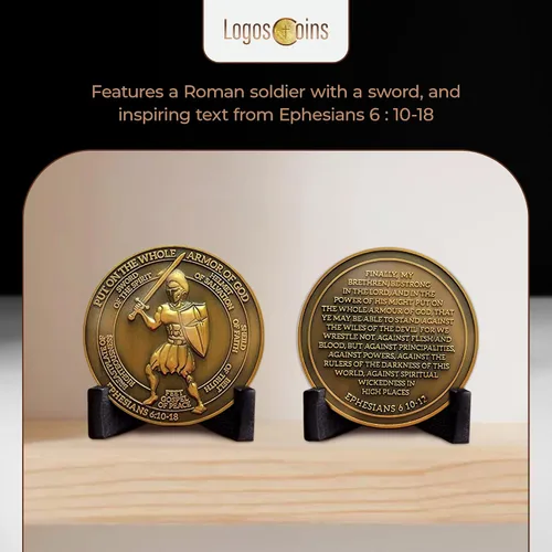 Vista 5 de 1 moneda de desafío de armadura de Dios, versículo bíblico de Efesios 6:10, moneda de desafío cristiano chapada en oro antiguo de 1.75 pulgadas