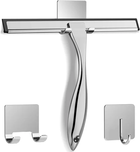 Vista 8 de Escobilla de ducha multiusos de acero inoxidable para puertas de ducha con 2 ganchos adhesivos, herramienta de limpieza de baño, escobilla de espejo