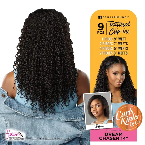 Vista 4 de Sensationnel Curls Kinksandco Clip in-Dream Chaser 14 pulgadas, 1 JETBLACK Sintético, juego de clips de 9 piezas, clips fáciles de usar, cabello