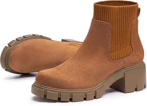 Vista 10 de FITORY Botas Chelsea para mujer, botines de tobillo elásticos con tacón medio grueso y suela con tacos, zapatos cómodos y modernos sin cordones