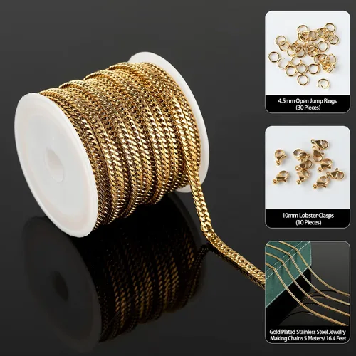 Vista 2 de YOUBEIYEE Cadenas de acero inoxidable de 16.4 pies para hacer joyas, rollo de cadena cubana chapado en oro con cierre de langosta para pulseras Oro
