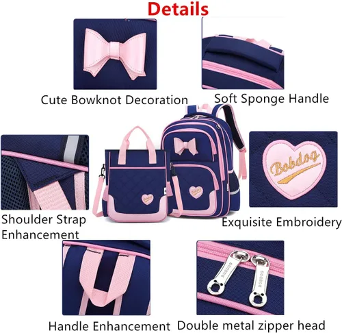 Vista 30 de Juego de 2 mochilas escolares con lazos para niñas y estudiantes, diseño de princesa para escuela primaria, 2pcs Negro-s, 2Pcs BagSet S