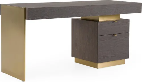 Vista 4 de Limari Home Trajory Collection - Escritorio moderno con acabado de chapa de olmo para oficina en casa con 4 cajones de cierre suave, gris, dorado
