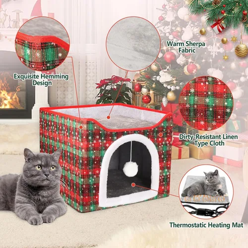Vista 4 de Cama Térmica para Gatos de Interior, Casa Plegable para Gatos con Almohadilla Térmica Extraíble para Gatos y Perros Pequeños, Cama Cubierta