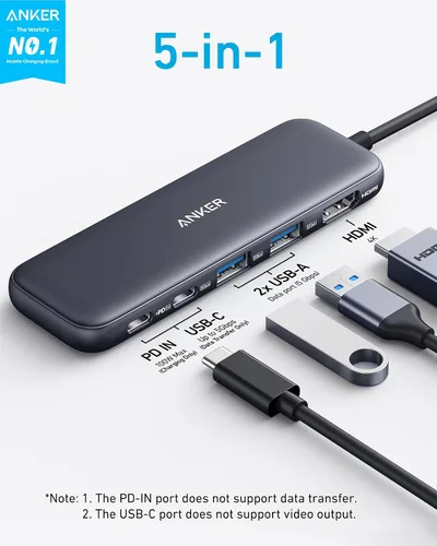 Vista 2 de Anker Hub USB C, divisor USBC a HDMI 5 en 1 con pantalla 4K, 1 puerto USB-C de 5 Gbps alimentado y 2 puertos de datos USB-A 3.0 de 5 Gbps