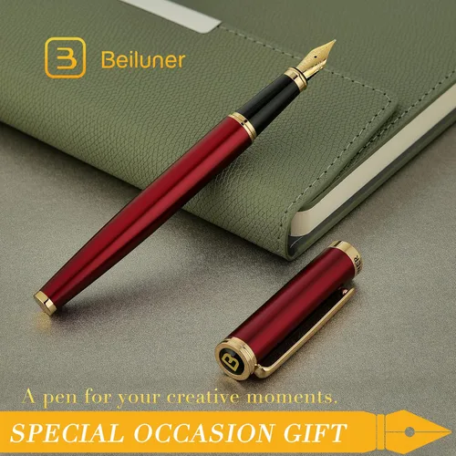 Vista 7 de BEILUNER - Pluma estilográfica color borgoña, detalles de oro de 24 rojo y dorado