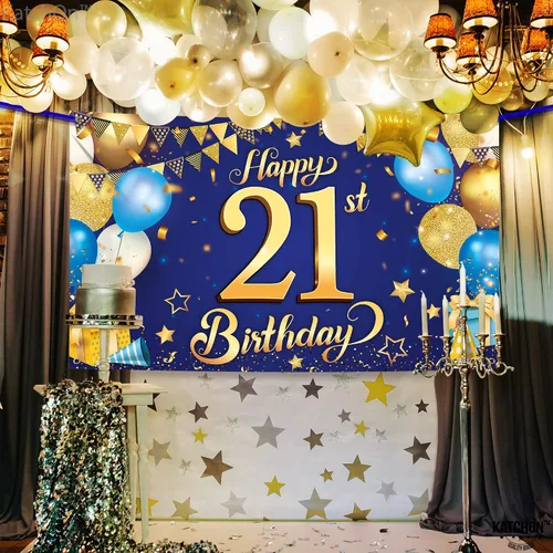 Vista 2 de KatchOn, Cartel de feliz cumpleaños número 21 azul y dorado – XL, 72 x 44 pulgadas Cartel azul y dorado para decoraciones de cumpleaños 21