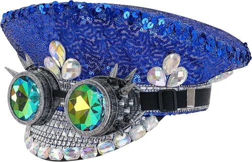 Vista 2 de bslingerie Sombrero steampunk con lentejuelas y diamantes de imitación para mujer, para fiesta rave, festival, capitán con gafas