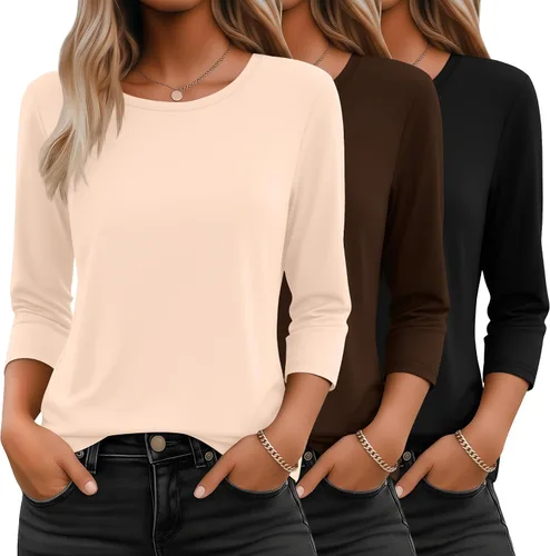 Vista 9 de Ficerd Paquete de 3 camisetas de manga 3/4 para mujer, cuello redondo, camisetas básicas elegantes, casuales, modernas, holgadas