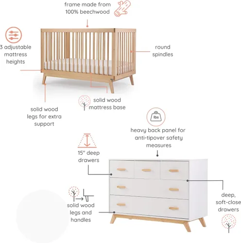Vista 3 de dadada Soho - Juego de muebles para el cuarto del bebé, cuna y aparador combinado. Soho - Cuna convertible 3 en 1 y cómoda de guardería con 5 Blanco
