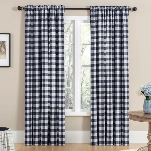 Vista 11 de Melodieux Buffalo - Cortinas a cuadros para sala de estar, dormitorio, estilo granja, estilo guingán, con textura de algodón, con bolsillo para Negro
