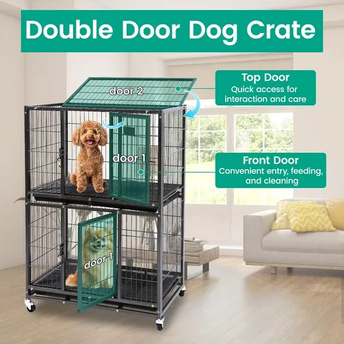 Vista 3 de Jaulas de dos niveles de 30 pulgadas para perros pequeños, jaula para perros de tamaño mediano para 2 perros, jaula resistente para perros, perreras