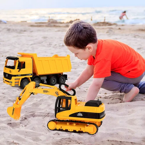 Vista 7 de Toy To Enjoy Juguetes de construcción – Excavadora y camión volquete de juguete para niños (juego de 2) – Garra movible y elevación trasera – Camión