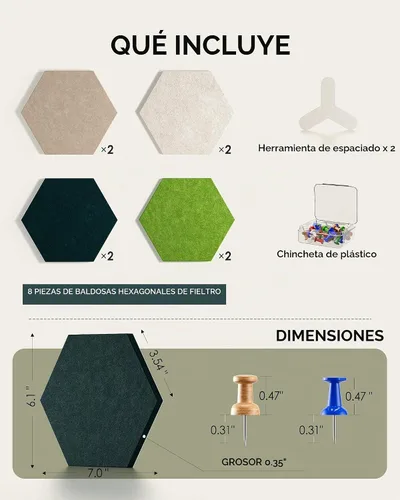 Vista 4 de MaxGear 8 Piezas Azulejos de Tablero de Corcho de Fieltro Hexagonales, Verde Autoadhesivos DIY Tablón de Anuncios Tablero de Pines para Oficina
