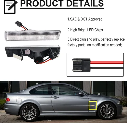 Vista 6 de Luces de Señal de Giro LED Secuenciales de Repuesto para 7 Series E38 1995-2001, 3 Series E46 M3 2001-2006, Lente Transparente Frontal Ámbar