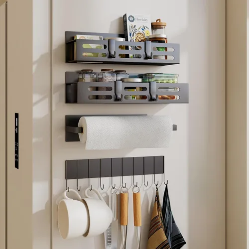 Vista 8 de SETBAOO Paquete de 4 estantes magnéticos para especias para refrigerador, estante magnético negro y nevera, organizador de gabinetes de cocina