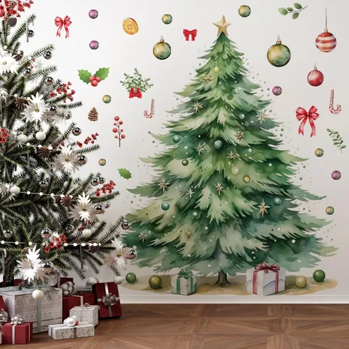 Vista 12 de 59x47 Pulgadas Adhesivos de Árbol de Navidad Azul Grande para Pared, Extraíbles DIY, Adhesivos de Árbol de Navidad Acuarela Gigantes para Baño