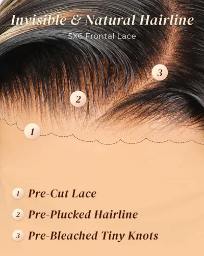 Vista 3 de Arabella - Pelucas de cabello humano sin pegamento de 6 x 5 con reflejos de encaje HD Balayage peluca de 18 pulgadas 1B/27 Ombre Lace Front Wigs