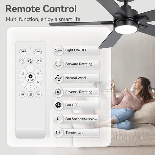 Vista 7 de Ventiladores de techo con luces LED, control remoto de ventilador de techo negro de 5 aspas de 42 pulgadas, ventilador de techo moderno con motor