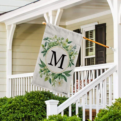Vista 4 de Monogram Initial Letter P House Flag Flower Wreath Simple Style Letter Flag 28x40 Inch Vertical Double Sided for Outdoor Yard Decor