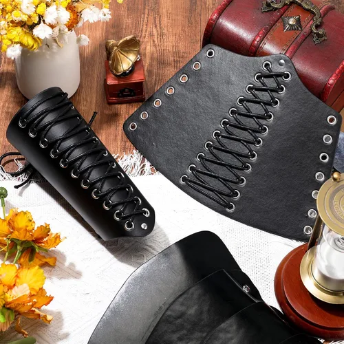Vista 4 de Leather Shoulder Armor Cosplay Arm Bracers Gauntlet Wristband Medieval Wide Bracer Arm Armor Cuff for Halloween Cosplay Party