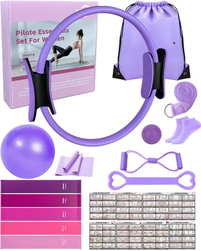 Vista 8 de Home Pilates Essentials Set de equipo de pilates para mujer con guía de usuario completa, anillo de pilates de 13 pulgadas, pelota de ejercicio