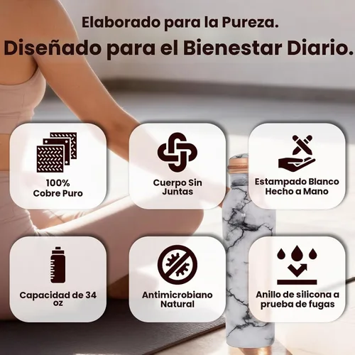 Vista 7 de Craft Trade Botella de agua de cobre 32oz con estampado de mármol diseño Blanco