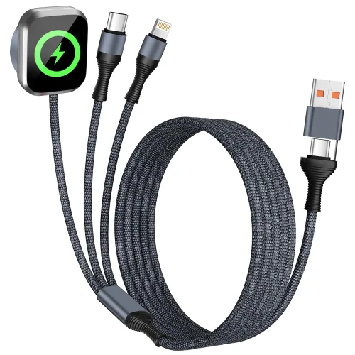 Vista 11 de Travel Essentials - Cable de carga múltiple 4 en 1 para cargador de reloj de iPhone, USB A a doble tipo C/IP/iWatch, cargadores de viaje