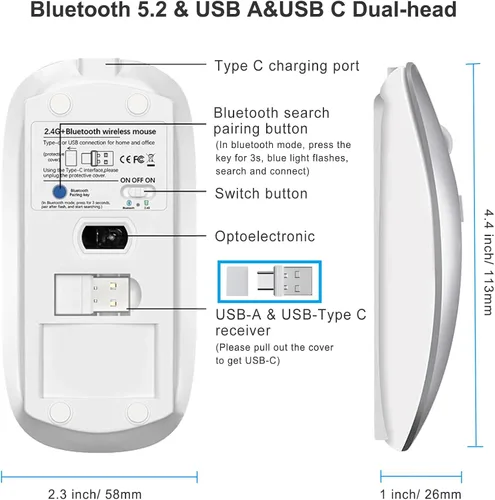 Vista 4 de Ratón inalámbrico Bluetooth USB C para MacBook Air Pro iMac Laptop Computer, Ratón C silencioso inalámbrico recargable para Mac Desktop/iPad/Surface