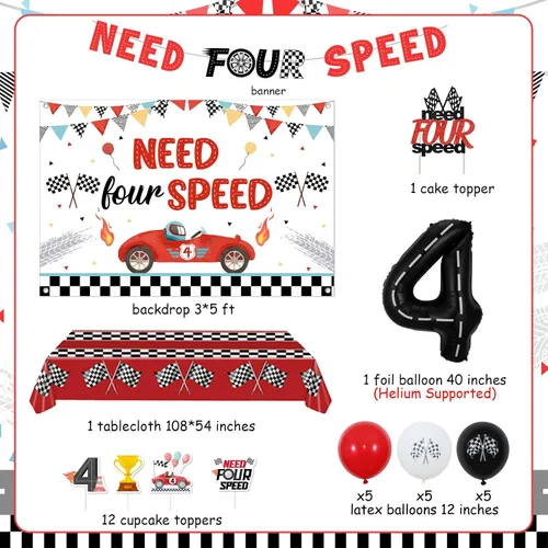 Vista 6 de Need Four Speed - Decoraciones de cumpleaños con temática de auto de carreras, pancarta para decoración de pasteles, decoración de cupcakes, mantel