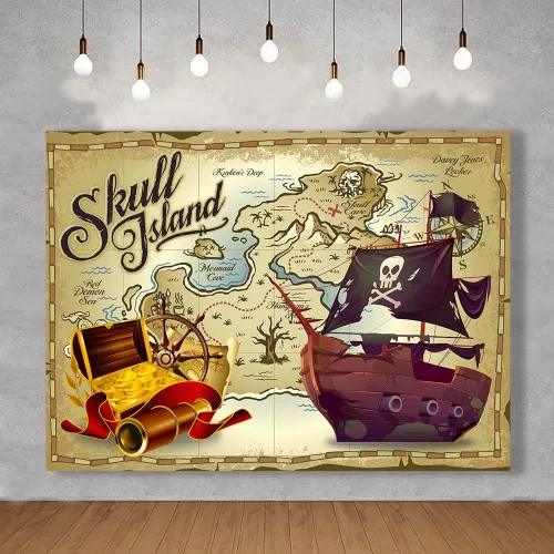 Vista 3 de KUBZT537 - Telón de fondo de fiesta pirata de 7 x 5 pies, fondo de mapa del tesoro pirata, suministros de cumpleaños para niños, decoración de baby
