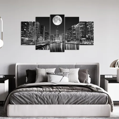 Vista 3 de Biuteawal Arte de pared de 5 paneles de paisaje urbano en la noche de la luna, pintura moderna de ciudad en blanco y negro para el hogar, oficina